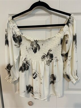 Express Cream Off-Shoulder Smocked Blouse with Black Floral Wash
